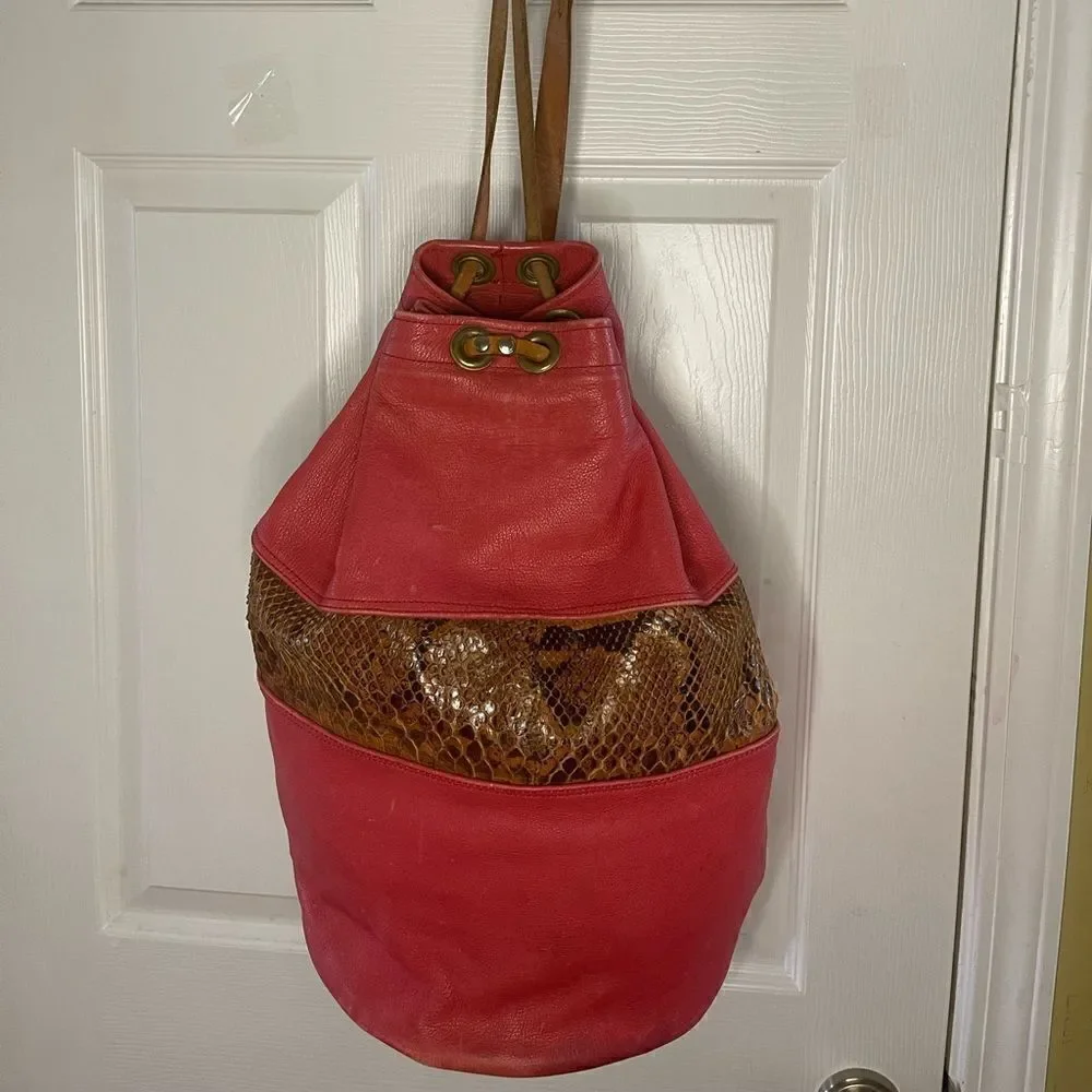 Leather orange and Brown snake skin print  Xlarge bucket bag sling back tan trap